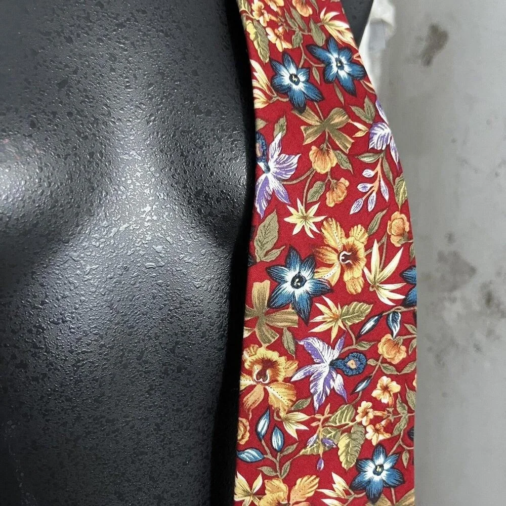 Reed St James Mens‎ Floral Necktie Burgundy Red Blue Botanical Print USA Made